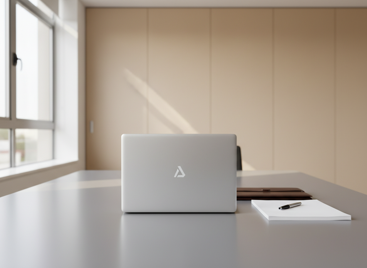 A sleek silver laptop with an ultra-thin aluminum body, its logo subtly engraved, sits closed on a modern matte-gray conference table. Next to it, a perfectly organized stack of smooth white documents and a fine-tipped chrome pen rest atop a minimal leather portfolio. The setting is an airy office space with clean architectural lines and neutral sand-colored walls. Soft, diffused daylight filters in from a large window, creating gentle highlights across the metallic surfaces and calm shadows under the accessories. The scene feels composed and professional, captured at an eye-level angle with crisp focus and a balanced, symmetrical layout. The photographic realism and uncluttered structure echo the corporate, business consulting aesthetic of the site.