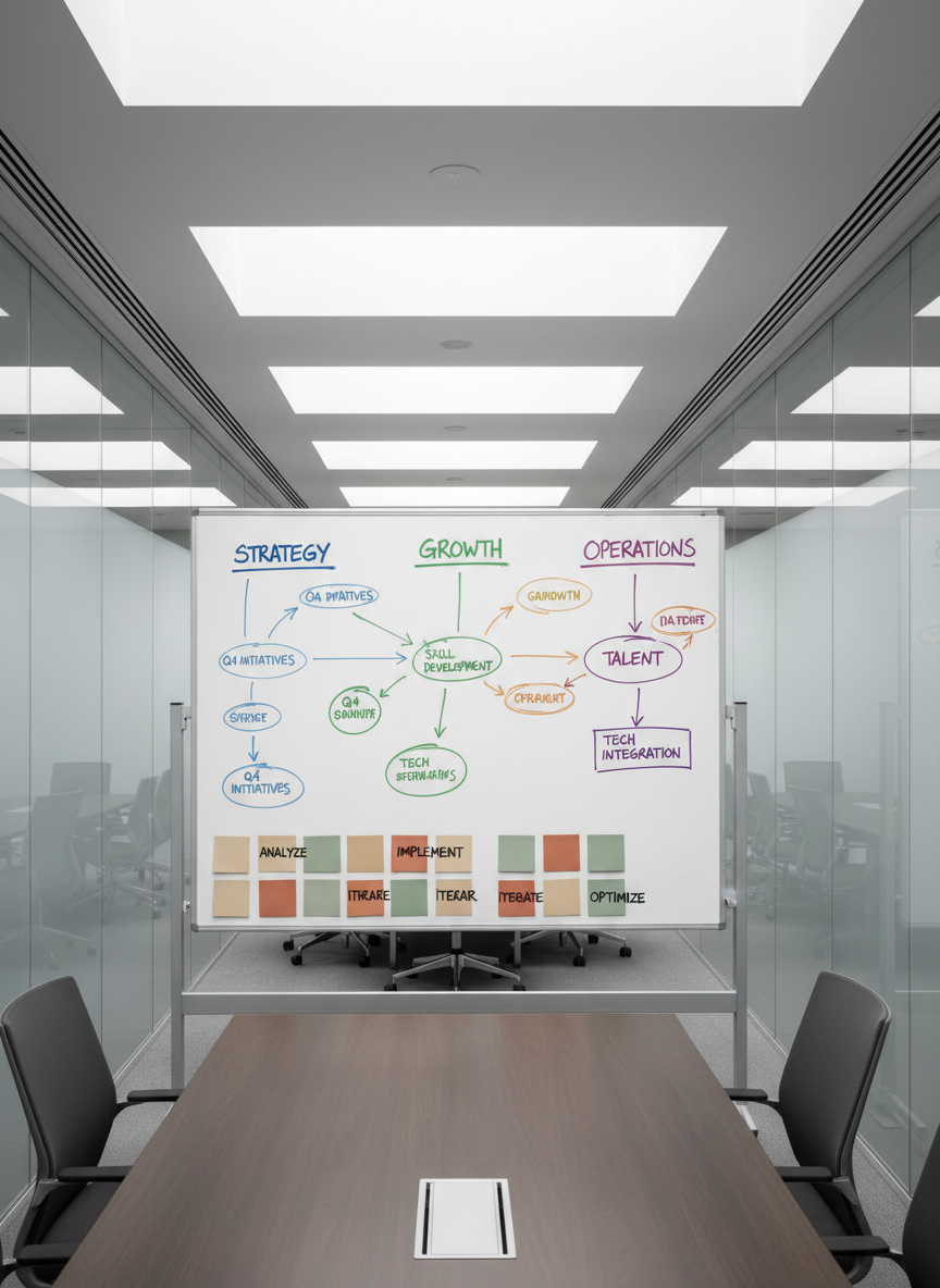 An elegant whiteboard with a finely brushed aluminum frame features cleanly drawn, color-coded business diagrams, surrounded by stately matte-finished glass partitions. Precise sticky notes in gentle earth tones are arranged in a structured grid along the board’s lower edge. The setting is a high-end corporate meeting room bathed in soft daylight from overhead skylights, resulting in even, shadow-free illumination. The atmosphere is thoughtful and analytical, captured from a slightly elevated angle with sharp clarity across the composition. The aesthetic is minimal and modern, perfectly aligning with the site’s focus on structured HR and talent consulting for tech companies.