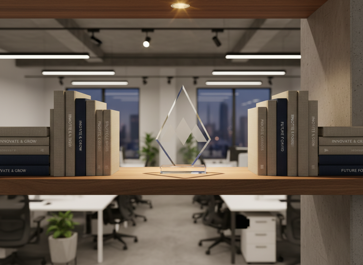A transparent glass award with beveled edges and frosted geometric detailing stands proudly on a solid walnut display shelf, surrounded by neatly organized hardcover books with muted, linen-textured covers in taupe and navy. The scene is set in a contemporary tech start-up office with a refined, minimalist decor. Track lighting above casts soft, focused beams onto the award, creating sparkling highlights and crisp, directional shadows across the shelf. The mood is confident and aspirational, composed in a centered, symmetrical frame with the background softly blurred to emphasize the award. The image style is ultra-clean and photographic, reinforcing the professional and achievement-oriented personality of the consulting service.